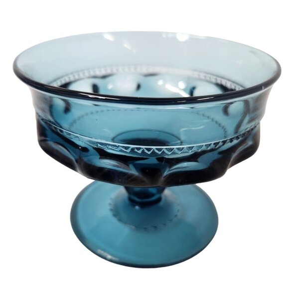 Tiffin Glass teal blue Kings Crown, Thumbprint pattern Vintage Blue  Dessert Dis - Picture 15 of 16